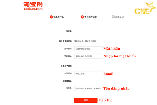 Form điền thông tin của Taobao